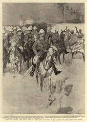 Después de la victoria, el Sirdar y su personal siendo recibidos por los nativos a su entrada en Berber